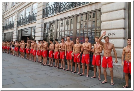the Hollister boys line up in red boardshorts